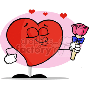 Cartoon heart character holding a bouquet of roses with a loving expression, surrounded by smaller hearts.