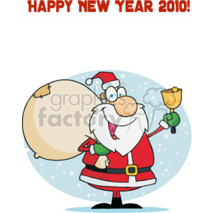 Cartoon Santa Claus with a sack and a bell, wishing a Happy New Year 2010.