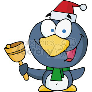 A festive cartoon penguin wearing a Santa hat and scarf, joyfully holding a bell.