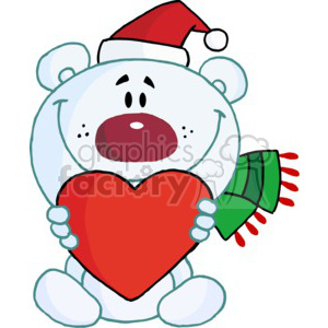 A cute teddy bear wearing a Santa hat and scarf, holding a large red heart, symbolizing love during the Christmas holiday season.