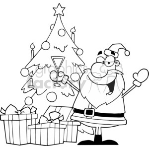 A humorous Christmas clipart featuring Santa Claus holding a drink beside a decorated Christmas tree with gifts.