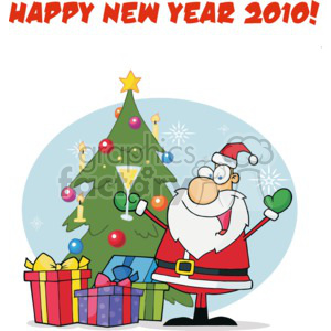 A festive clipart image featuring Santa Claus holding a drink, standing in front of a decorated Christmas tree surrounded by gifts. The text 'Happy New Year 2010!' is at the top.