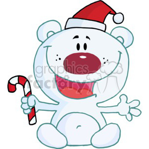 A cute white teddy bear wearing a Santa hat and holding a candy cane, smiling happily.