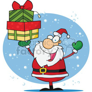 A cheerful cartoon Santa Claus holding a wrapped gift, with a festive background of snowflakes.