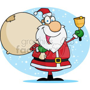 A cheerful Santa Claus holding a large sack of gifts and a bell, amid a snowy, festive background.