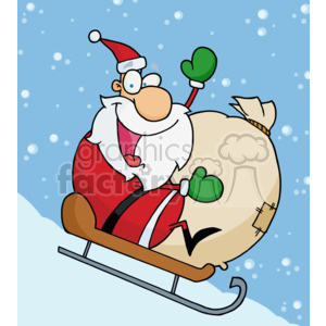 A cheerful cartoon Santa Claus is sledding down a snowy hill, holding a large sack.