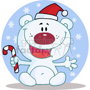 A cute teddy bear wearing a Santa hat and holding a candy cane, set against a blue background with snowflakes.