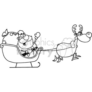 A black and white clipart drawing of Santa Claus in a sleigh being pulled by a reindeer.