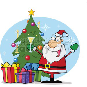 A festive Christmas cartoon image featuring Santa Claus holding a glass, standing beside a decorated Christmas tree with candles and ornaments, surrounded by wrapped gifts.