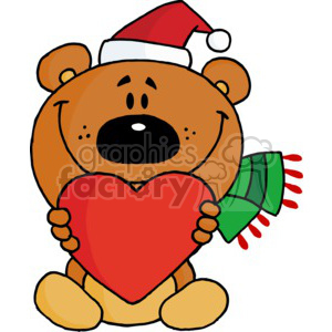 A cute teddy bear wearing a Santa hat and a green scarf, holding a big red heart, perfect for Christmas and holiday themes.