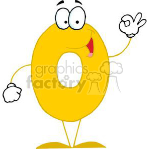 A cheerful cartoon character in the shape of the number zero, with eyes, a mouth, and hands. The character has a bright yellow color and is giving an OK sign with its right hand.