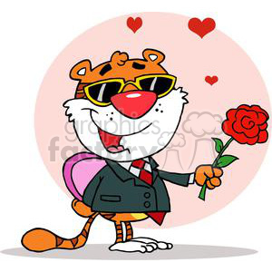 A humorous cartoon character dressed in a suit with sunglasses, holding a rose, surrounded by heart symbols, conveying a Valentine's Day theme.