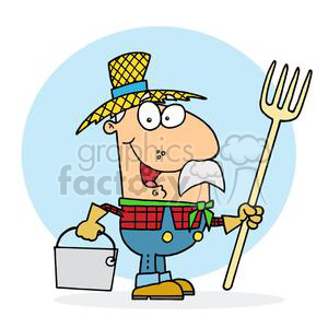 A cartoon illustration of a funny farmer character holding a pitchfork and a bucket. The farmer is wearing a straw hat, plaid shirt, and overalls.