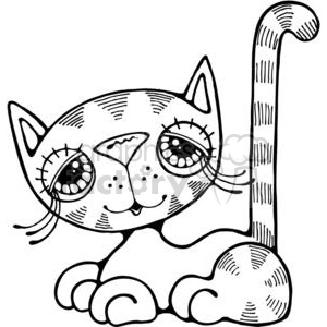 This clipart image features a stylized cartoonish drawing of a cat with large, expressive eyes, a small nose, and a cheerful smile. The cat's tail is curved up, and its paws are rounded, adding to the cute and playful appearance of the kitten.