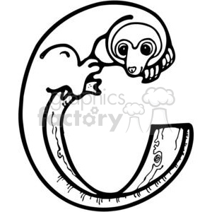 A cartoonish clipart depiction of a playful monkey hanging on a tree branch, forming the shape of the letter 'C'.