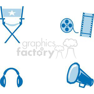 A clipart image consisting of a director's chair, a film reel, a film strip, a pair of headphones, and a megaphone, all in various shades of blue.