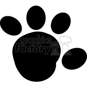   This clipart image shows a black silhouette of a single animal paw print. The paw print consists of one large pad with four smaller pads above it, typically representing the foot of a dog, cat, or other pawsed mammal. 