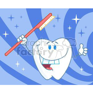 The image is a cartoon clipart depicting a stylized anthropomorphic tooth with human-like features, such as eyes, mouth, and hands. The tooth has a big smile, showing a set of miniature teeth, and it's holding a toothbrush with its right hand, which it has raised above its head. Its left hand is giving a thumbs-up sign. The background is a gradient of blue with star shapes, suggesting a clean and bright environment.