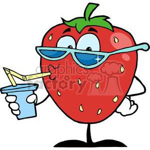 The clipart image shows a character designed to look like a red strawberry with a green stem, wearing cool blue sunglasses and a big smile. The strawberry character is holding a light blue cup with a straw in one hand, giving off a summer and refreshing vibe. The character also appears to have one hand on its hip, adding to its playful and fun demeanor.