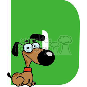 Clipart image of a cartoon dog sitting in front of a large green letter 'D.'