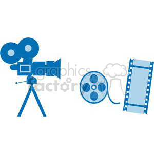 A blue clipart image featuring a classic film camera on a tripod, a film reel, and a strip of film.
