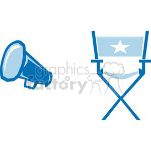 This clipart image features a blue megaphone and a director's chair with a star symbol. The megaphone represents communication or directing, while the director's chair symbolizes movie or film direction.