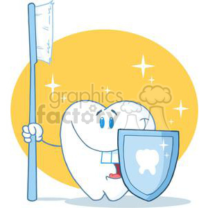   The clipart image features a cartoon tooth with a cute face, holding a toothbrush like a sword and a shield emblazoned with a tooth emblem. The tooth appears to be smiling, suggesting it