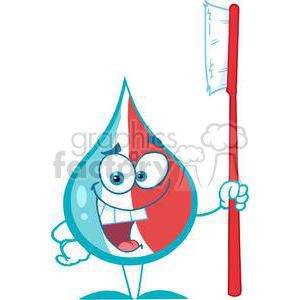 The clipart image shows a cartoon depiction of a water droplet character with a face, featuring expressive eyes and a large, smiling mouth with a single tooth. The character is holding a red toothbrush with bristles on one side. The overall impression of the image is whimsical and humorous, relating to dental hygiene.