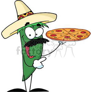 A cartoon chili pepper character wearing a sombrero and holding a pizza.