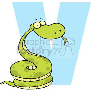   Cartoon viper snake next to big letter V 