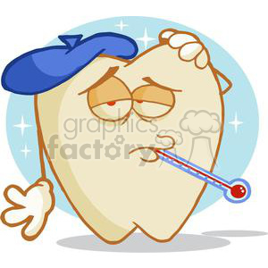   The clipart image features a cartoonish, anthropomorphized tooth character that looks unwell or in discomfort. The tooth has a pained expression, droopy eyelids, and flushed cheeks suggesting it is sick. It