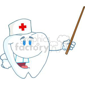   This image features a cartoon tooth that is personified with arms, legs, eyes, and a mouth. The tooth is smiling and wearing a nurse
