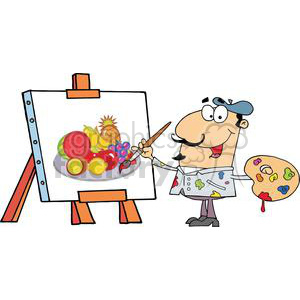   The clipart image features a cartoon of a joyful, caucasian male painter with a mustache, who is wearing a white shirt stained with various paint colors and a gray apron, also splattered with paint. He has a beret tipped on his head. The artist is holding a paintbrush in one hand and a palette filled with colorful blobs of paint in the other. He is painting a still-life picture of a fruit bowl containing a pineapple, grapes, apples, and other fruits on a canvas that is mounted on an orange and blue easel. 