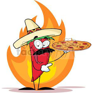 A cartoon chili pepper wearing a sombrero and mustache, holding a pizza in front of a fire background.