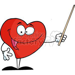 The image depicts a cartoon illustration of a red anthropomorphic heart character. The heart has big eyes, a smiling mouth with a tongue sticking out, and is holding a pointing stick in one hand. The character appears to be teaching or presenting, standing upright with one arm extended and a glove-like hand. The heart has a playful and funny expression, enhancing the whimsical nature of the illustration.
