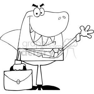   The clipart image depicts an anthropomorphic shark dressed in business attire – wearing what appears to be a tie and carrying a briefcase. The shark has a big, open mouth full of sharp teeth, and it is waving its hand as if greeting someone or gesturing during a presentation. The shark