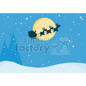 Silhouette of Santa Claus in a sleigh pulled by reindeer flying across a moonlit night sky.