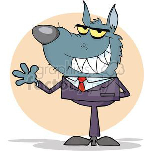   The clipart image features a cartoon of a wolf dressed in business attire, which includes a suit, tie, and shirt. The wolf is standing upright like a human, with one hand raised in a waving or greeting gesture. The expression on the wolf