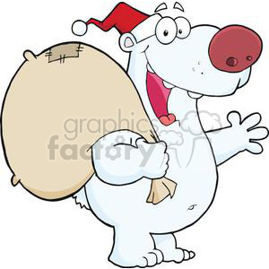 A cartoon bear wearing a Santa hat, smiling and holding a large sack.