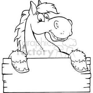 A cartoon horse smiling and holding a wooden sign with its hooves.