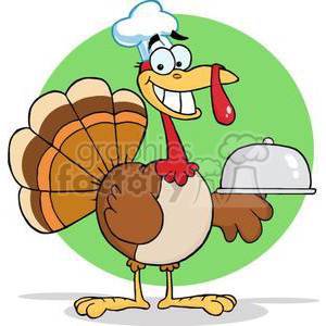 A humorous Thanksgiving turkey cartoon wearing a chef's hat and holding a covered dish.