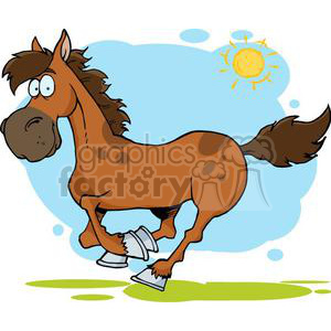 A playful cartoon horse running with a cheerful expression under the bright sun.