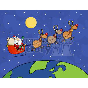 A humorous clipart image of Santa Claus riding in a sleigh pulled by four reindeer, including the red-nosed Rudolph, flying over the Earth on Christmas Eve.