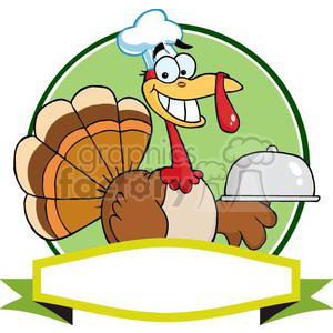 A cartoon turkey wearing a chef's hat and holding a covered dish, set inside a green circle with a blank banner below.