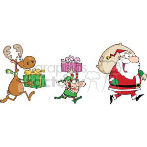 A cartoon illustration of a reindeer, an elf, and Santa Claus, all joyfully carrying gifts. The reindeer has a green scarf and green gift with a yellow ribbon, the elf has a green outfit and holding a pink gift, and Santa Claus has a bag of presents over his shoulder.