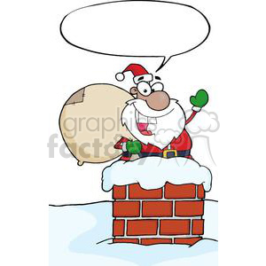 Clipart image of Santa Claus with a sack, standing in a chimney, with a speech bubble above his head.