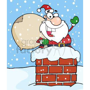 Cheerful Santa Claus Waving from Chimney