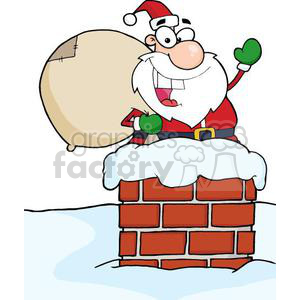 A cheerful cartoon Santa Claus with a big white beard, red suit, and green gloves is holding a sack of presents and popping out of a snow-covered brick chimney.