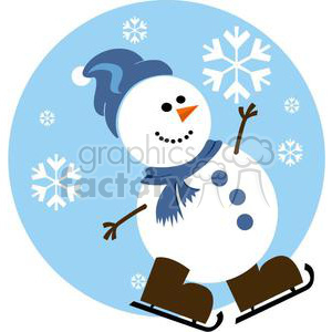 A cheerful snowman wearing a blue hat and scarf, ice skating with snowflakes falling around.