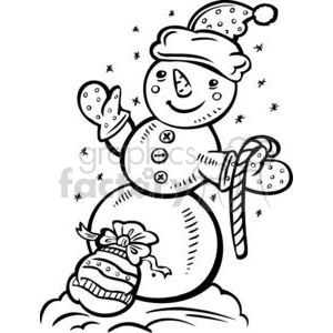 A festive and cute black and white clipart image of a snowman wearing a hat and mittens, holding a candy cane, with a decorated Christmas ornament beside it and snowflakes falling around.